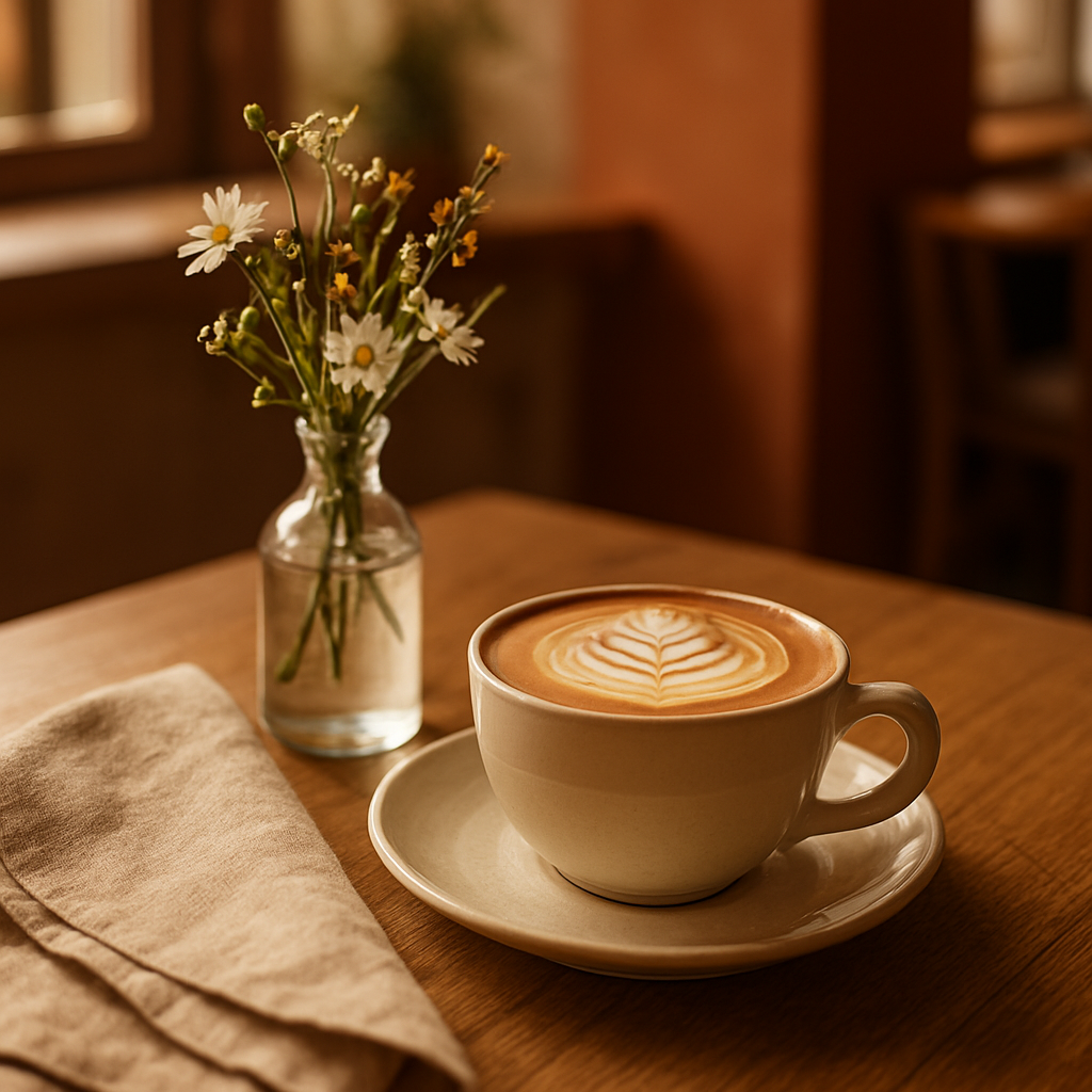 Beautifully arranged cafe table with a flat white coffee, wildflowers and warm natural light at Dear You Cafe