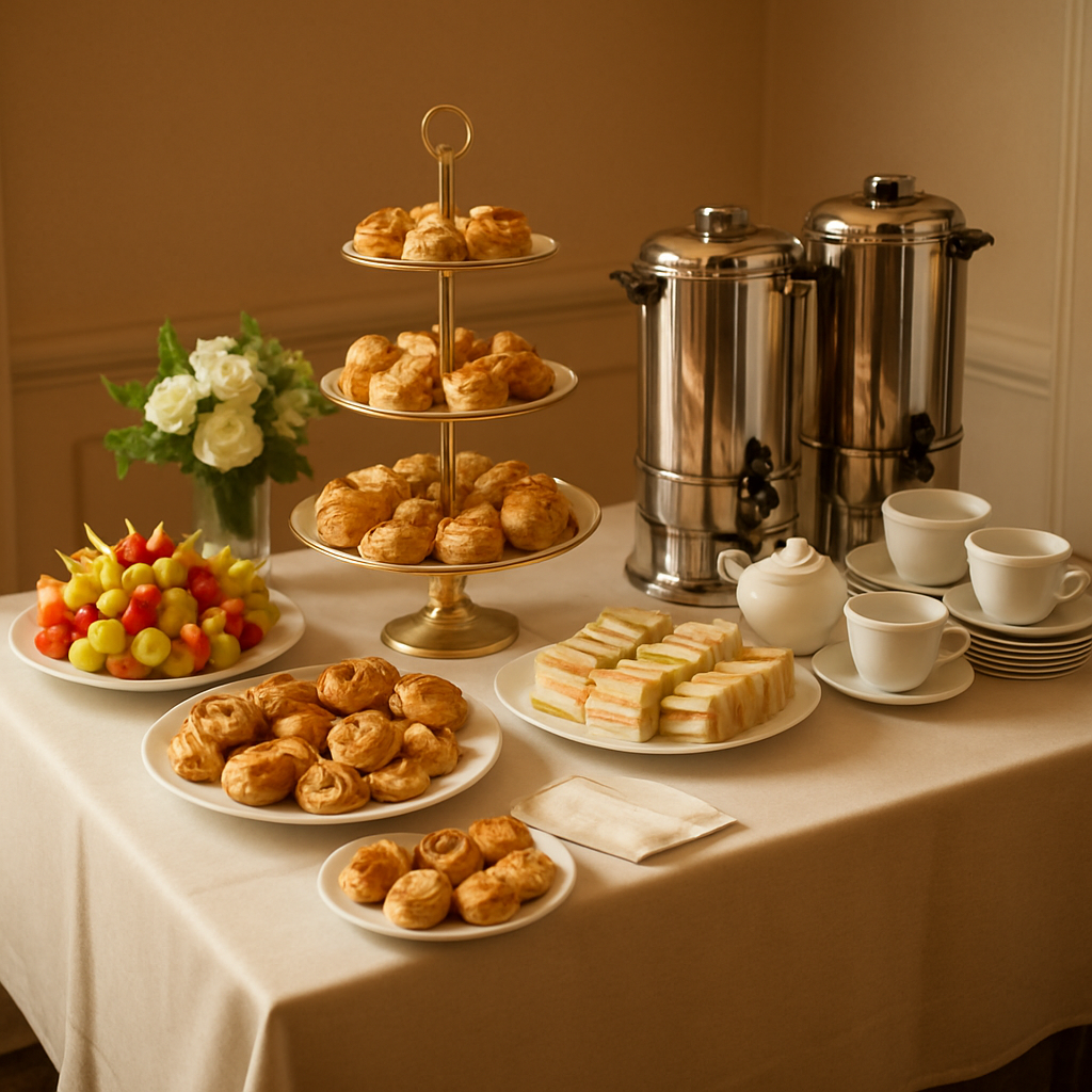 Elegant cafe catering spread with tiered pastry stands, mini sandwiches and fruit platters
