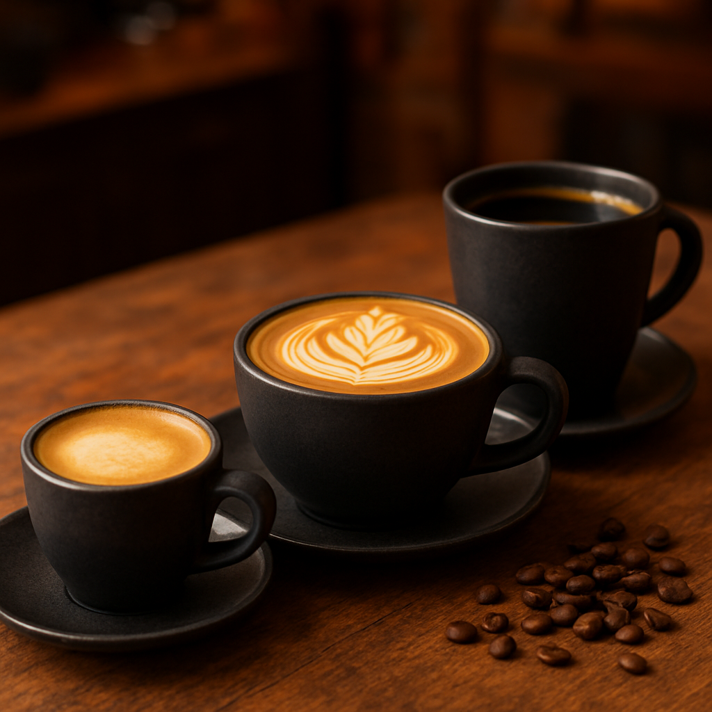 Artisan specialty coffee drinks including a flat white, latte and long black on a cafe counter