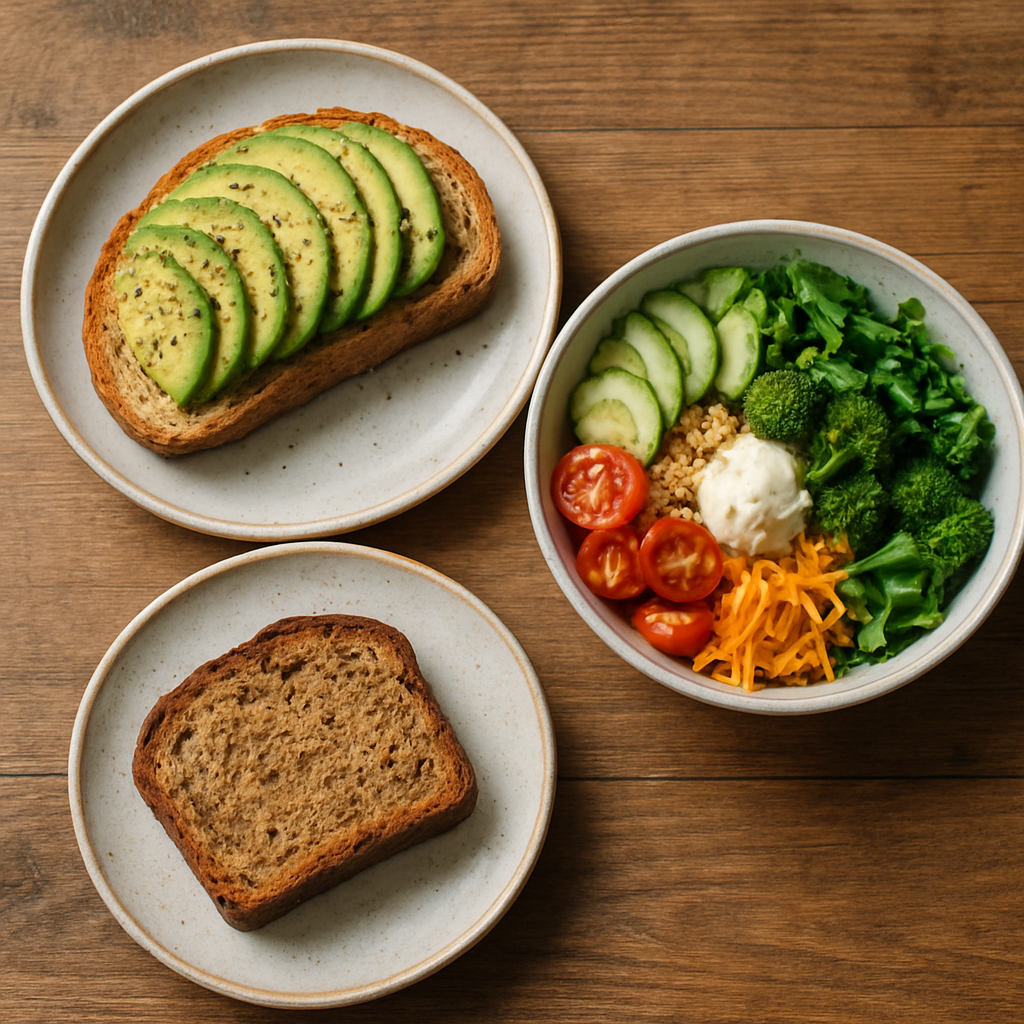 Avocado toast, a fresh grain bowl and banana bread served on ceramic plates at Dear You Cafe